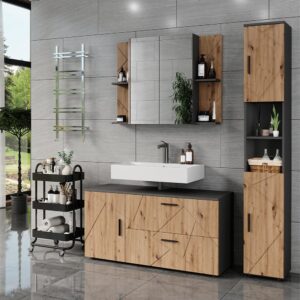 wohnli-moebel-suche-M25167634-1 Badmöbel-Set 3 Teile Anthrazit/Artisan-Eiche 120.1x60.6cm 121x61x41cm Spanplatte Schwarz Vicco Möbel Badezimmermöbel
