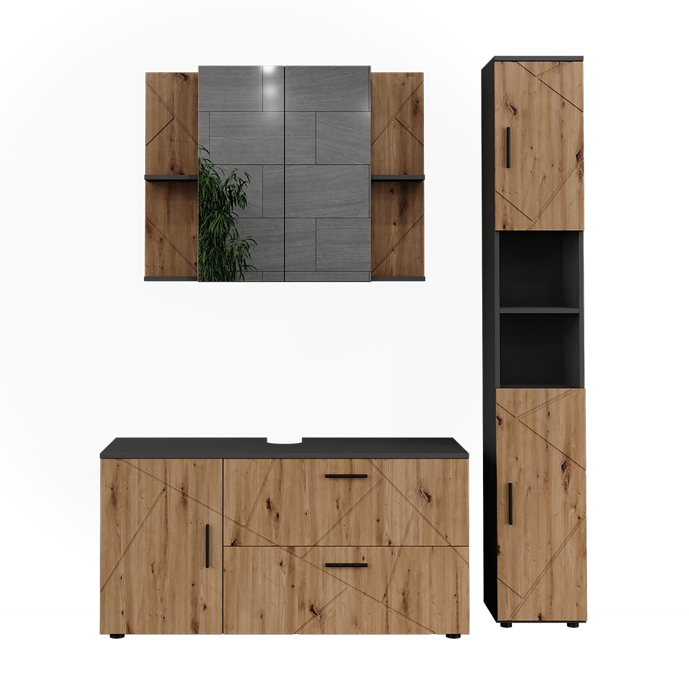 Wohnli Möbelsuche - Badmöbel-Set 3 Teile Anthrazit/Artisan-Eiche 120.1x60.6cm