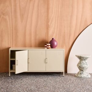 wohnli-moebel-suche-M25186739-1 Industrielles TV-Möbel aus cremefarbenem Metall mit 3 Türen 120 cm 120x60x40cm Stahl Braun sweeek Möbel Wohnzimmermöbel TV-Möbel