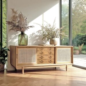 TV-Möbel aus Mindi-Holz und Naturrattan 160x62x45cm Holz Braun MACABANE Möbel Wohnzimmermöbel TV-Möbel