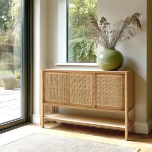 wohnli-moebel-suche-M25187374-1 Sideboard mit 2 Regalen / 3 Schiebetüren 140x100x45cm Holz Braun MACABANE Möbel Esszimmermöbel Sideboards, Highboards & niedrige Anrichten