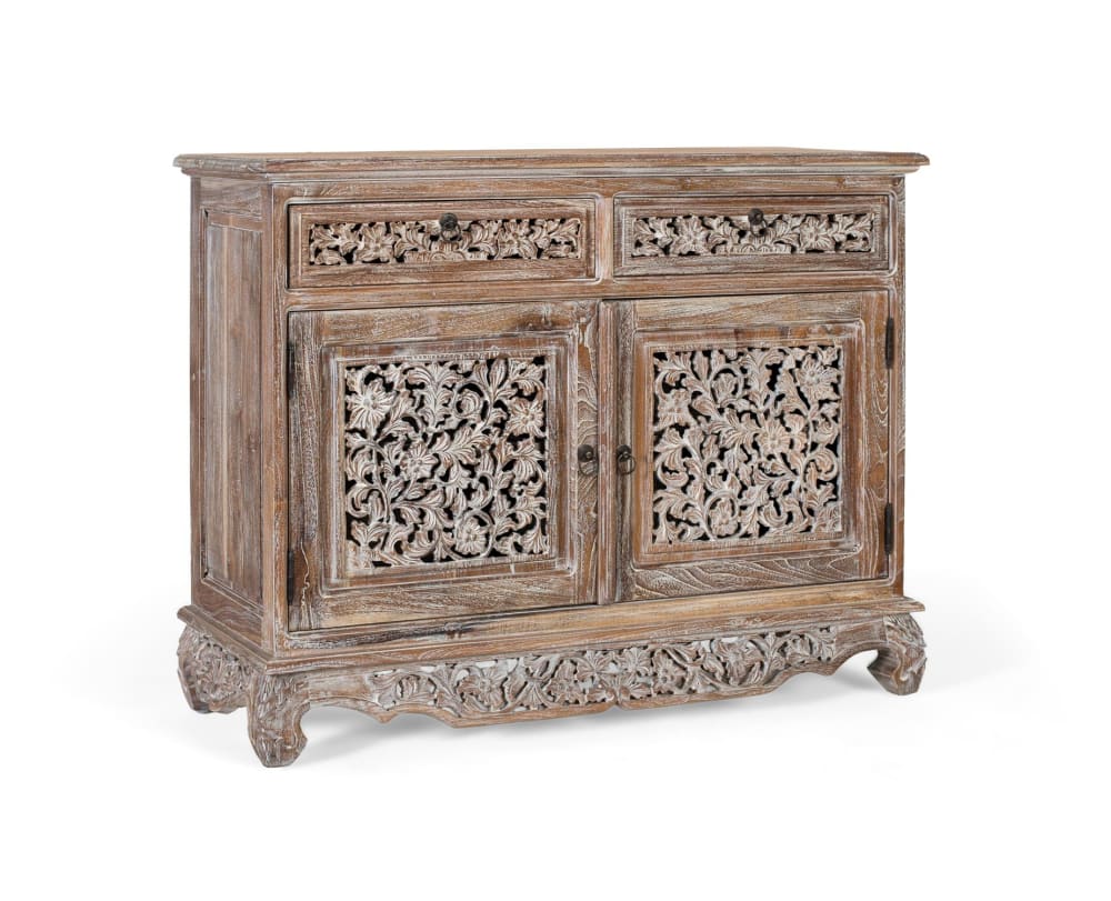 Sideboard mit zwei Schubladen und zwei Fronttüren aus Teakholz 100 cm 100x80x40cm Holz Weiß GINER Y COLOMER Möbel Esszimmermöbel Sideboards, Highboards & niedrige Anrichten
