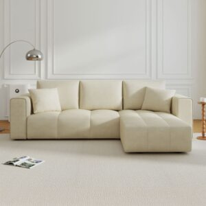wohnli-moebel-suche-M25188695-1 Ecksofa mit Schlaffunktion für 4 Personen und Stauraum aus beigem Samt 250x82x146cm Holz Beige Concept Usine Sofas und Sessel Sofas Ecksofas