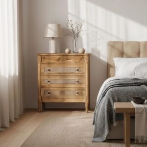 wohnli-moebel-suche-M25191224-1 Kommode aus massivem Teakholz mit drei Schubladen aus Drahtgeflech 80x86x40cm Holz Braun GINER Y COLOMER Möbel Schlafzimmermöbel Kommoden