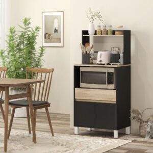 wohnli-moebel-suche-M25193037-1 Mikrowellenschrank mit Schublade Eiche & Schwarz 60x131x40cm Spanplatte Schwarz Homcom Möbel Esszimmermöbel Sideboards, Highboards & niedrige Anrichten