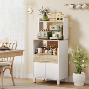 wohnli-moebel-suche-M25193039-1 Mikrowellen-Schrankkommode Eiche & Weiß 60x131x40cm Spanplatte Weiß Homcom Möbel Esszimmermöbel Sideboards, Highboards & niedrige Anrichten