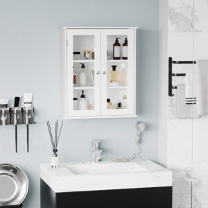 wohnli-moebel-suche-M25193102-1 Weißes MDF-Wandbadezimmerschrank mit 2 Glas-Türen 55x65x20cm Holz Weiß Kleankin Möbel Badezimmermöbel Badezimmerschränke