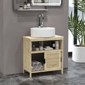 wohnli-moebel-suche-M25193198-1 Meuble sous lavabo 2 portes coulissantes en bambou bois naturel 60x60x30cm Bambus Beige Homcom Möbel Esszimmermöbel Geschirrschränke