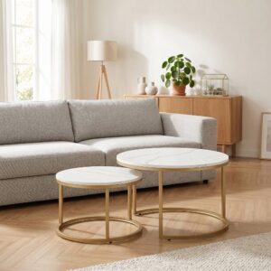 wohnli-moebel-suche-M25193200-1 Weiße Metallfuß-Nestbeistelltische 79x47x79cm Holz Weiß Homcom Möbel Wohnzimmermöbel Couchtische