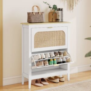 wohnli-moebel-suche-M25193222-1 Weißer Schuhschrank mit Cannage-Dekor & Partikelplatte 80x96x24cm Spanplatte Weiß Homcom Möbel Flurmöbel Schuhschränke