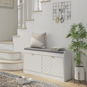 wohnli-moebel-suche-M25193224-1 Weißer Schuhbank-Kommode mit Polster & Klappfach 106x53x24cm Holz Weiß Homcom Möbel Flurmöbel Schuhschränke