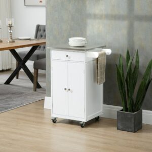 Küchenservicewagen 2-Türig MDF & Edelstahl Weiß 60x85x45cm Spanplatte Weiß Homcom Möbel Küchenmöbel Kücheninseln & Servierwägen