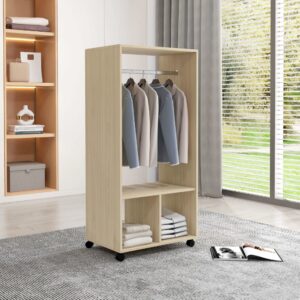 wohnli-moebel-suche-M25193425-1 Naturholz-Kleiderschrank mit Rollen & Regal 60x128x40cm Spanplatte Beige Homcom Möbel Schlafzimmermöbel Schränke