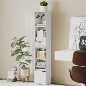 wohnli-moebel-suche-M25193575-1 Weißholz-Bücherregal mit Schubladen&Fächern 30x158x24cm Spanplatte Weiß Homcom Möbel Wohnzimmermöbel Bücherregale
