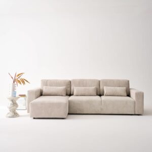 wohnli-moebel-suche-M25194006-1 5-Sitzer Ecksofa mit Schlaffunktion und Cordbezug in greige 298x85x155cm Samt Beige sweeek Sofas und Sessel Sofas Ecksofas