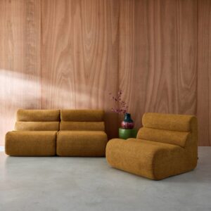 wohnli-moebel-suche-M25194068-1 3er-Set Lounge-Sessel mit Bouclé-Bezug in senfgelb 81x75x99cm Stoff Braun sweeek Sofas und Sessel Sofas 2-Sitzer-Sofas & 3-Sitzer-Sofas