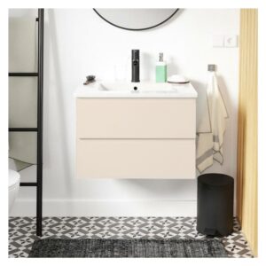 wohnli-moebel-suche-M25194613-1 Einzelwaschtisch-Set 60cm mit Keramikplatte und schwarzem Wasserhahn 60x45x43cm Spanplatte Beige Mob In Möbel Badezimmermöbel Waschbecken