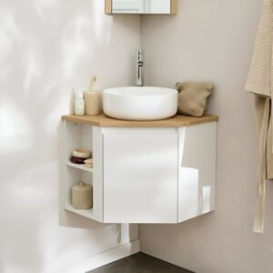 wohnli-moebel-suche-M25194643-1 Eckwaschtisch-Set + weißes Waschbecken + -Armatur 45x52x52cm Spanplatte Braun Mob In Möbel Badezimmermöbel Waschtische