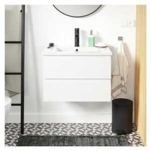 wohnli-moebel-suche-M25194647-1 Einzelwaschtisch-Set 60cm mit Keramikplatte und schwarzem Wasserhahn 60x45x43cm Spanplatte Weiß Mob In Möbel Badezimmermöbel Waschbecken