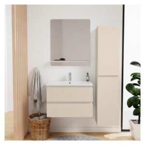 Einzelwaschtisch-Set 60 cm + Wasserhahn + Spiegel + -Säule 60x45x46cm Spanplatte Beige Mob In Möbel Badezimmermöbel Waschtische
