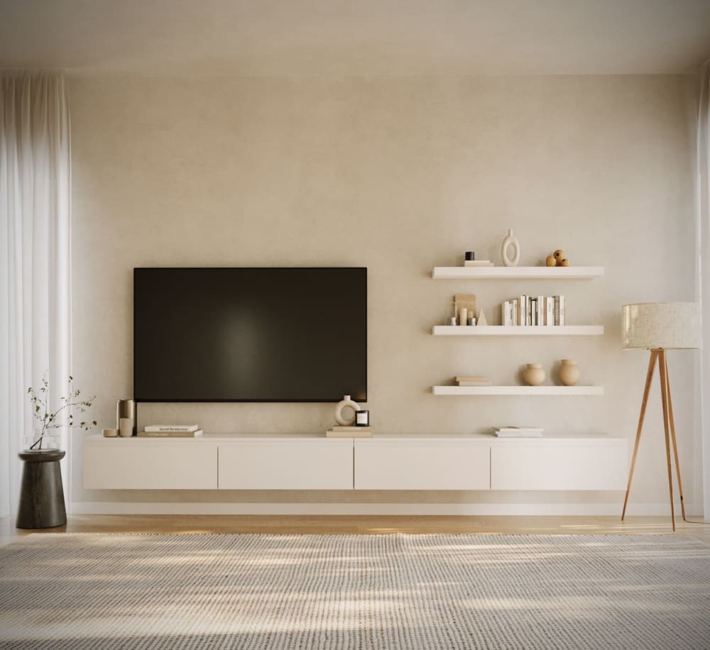 Hängendes TV-Board mit vier Klappen 300 cm, Weiß 300x28x300cm Spanplatte Weiß Selsey Möbel Wohnzimmermöbel TV-Möbel