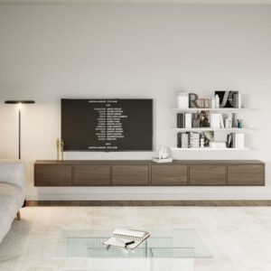 Hängendes TV-Board mit sechs Klappen 300 cm, Holzoptik Walnuss 300x30x300cm Spanplatte Braun Selsey Möbel Wohnzimmermöbel TV-Möbel