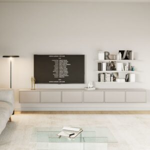 wohnli-moebel-suche-M25195961-1 Hängendes TV-Board mit sechs Klappen 300 cm, Kaschmirgrau 300x30x300cm Spanplatte Taupe Selsey Möbel Wohnzimmermöbel TV-Möbel