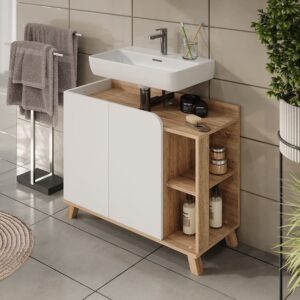 Waschbeckenunterschrank mit 2 Türen Sonoma/Weiß 80x65cm 80x65x35cm Spanplatte Braun Vicco Möbel Badezimmermöbel Waschtische