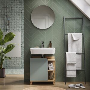 Waschbeckenunterschrank mit Tür und offenen Fächern Sonoma/Blau 60x65 60x65x35cm Spanplatte Braun Vicco Möbel Badezimmermöbel Waschtische