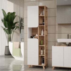 wohnli-moebel-suche-M25197237-1 Badschrank mit 2 Türen Sonoma/Weiß 50x175cm 50x175x35cm Spanplatte Braun Vicco Möbel Badezimmermöbel Bad-Hochschränke
