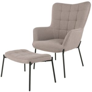 wohnli-moebel-suche-M25199477 Wohnli Möbelsuche - Vintage-Sessel und Fußhocker aus taupefarbenem Bouclé-Stoff