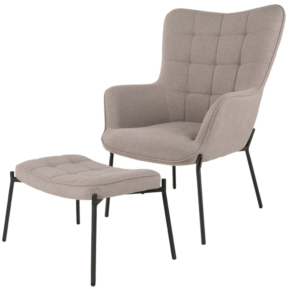 Wohnli Möbelsuche - Vintage-Sessel und Fußhocker aus taupefarbenem Bouclé-Stoff