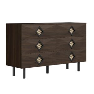 Wohnli Möbelsuche - Dunkles Holz-Sideboard mit 6 Schubladen und Rattan-Details