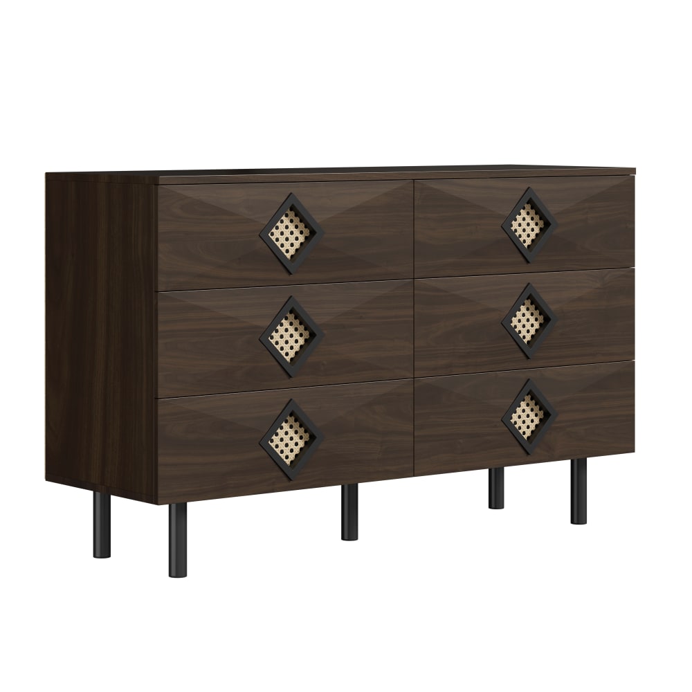 wohnli-moebel-suche-M25200119 Wohnli Möbelsuche - Dunkles Holz-Sideboard mit 6 Schubladen und Rattan-Details