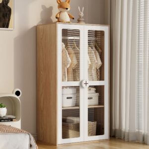 wohnli-moebel-suche-M25200198-1 Heller Holzschrank mit Weißen Glastüren 80x150x50cm Spanplatte Beige Urban Meuble Möbel Schlafzimmermöbel Schränke