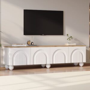 TV-Ständer mit Holzoptik-Platte und Kugelförmigen Füßen,Weiß 180x45x40cm Spanplatte Weiß Urban Meuble Möbel Wohnzimmermöbel TV-Möbel