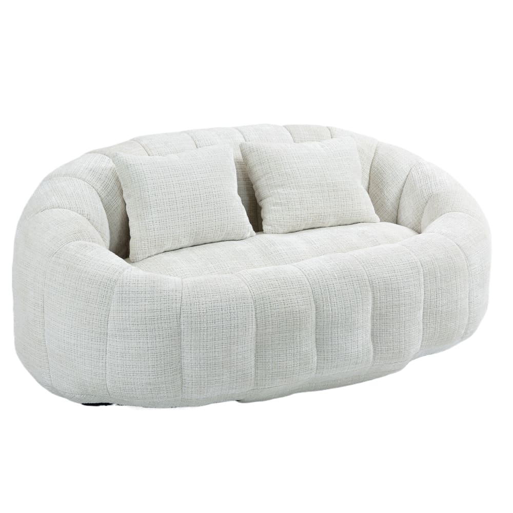 wohnli-moebel-suche-M25200246 Wohnli Möbelsuche - Ovales Sofa in Cremefarbenem Bouclé-Stoff mit Kissen