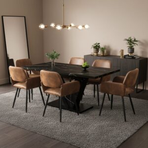 wohnli-moebel-suche-M25200279-1 Esstisch in schwarzer Marmoroptik mit 6 braunen Stühlen 160x76x75cm Spanplatte Braun Urban Meuble Möbel Esszimmermöbel Tisch- und Stuhlset für den Außenbereich