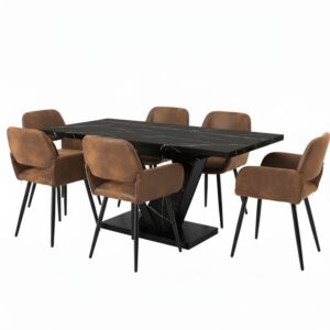 wohnli-moebel-suche-M25200279 Wohnli Möbelsuche - Esstisch in schwarzer Marmoroptik mit 6 braunen Stühlen