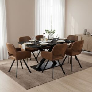 wohnli-moebel-suche-M25200282-1 Esstisch in schwarzer Marmoroptik mit 6 braunen Drehstühlen 160x75x80cm Spanplatte Schwarz Urban Meuble Möbel Esszimmermöbel Tisch- und Stuhlset für den Außenbereich