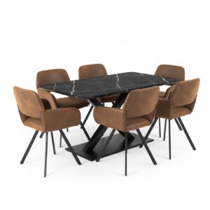 wohnli-moebel-suche-M25200282 Wohnli Möbelsuche - Esstisch in schwarzer Marmoroptik mit 6 braunen Drehstühlen