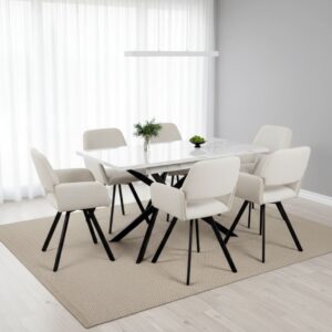 Weißer Esstisch in Marmoroptik mit 6 beigefarbenen Stoffstühlen 160x77x80cm Spanplatte Weiß Urban Meuble Möbel Esszimmermöbel Tisch- und Stuhlset für den Außenbereich
