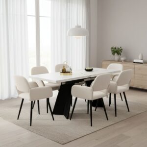 wohnli-moebel-suche-M25200295-1 Ausziehbarer Esstisch in weißer Marmoroptik und 6 beige Stühle 159x77x74cm Spanplatte Weiß Urban Meuble Möbel Esszimmermöbel Tisch- und Stuhlset für den Außenbereich