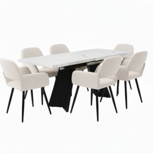 wohnli-moebel-suche-M25200295 Wohnli Möbelsuche - Ausziehbarer Esstisch in weißer Marmoroptik und 6 beige Stühle
