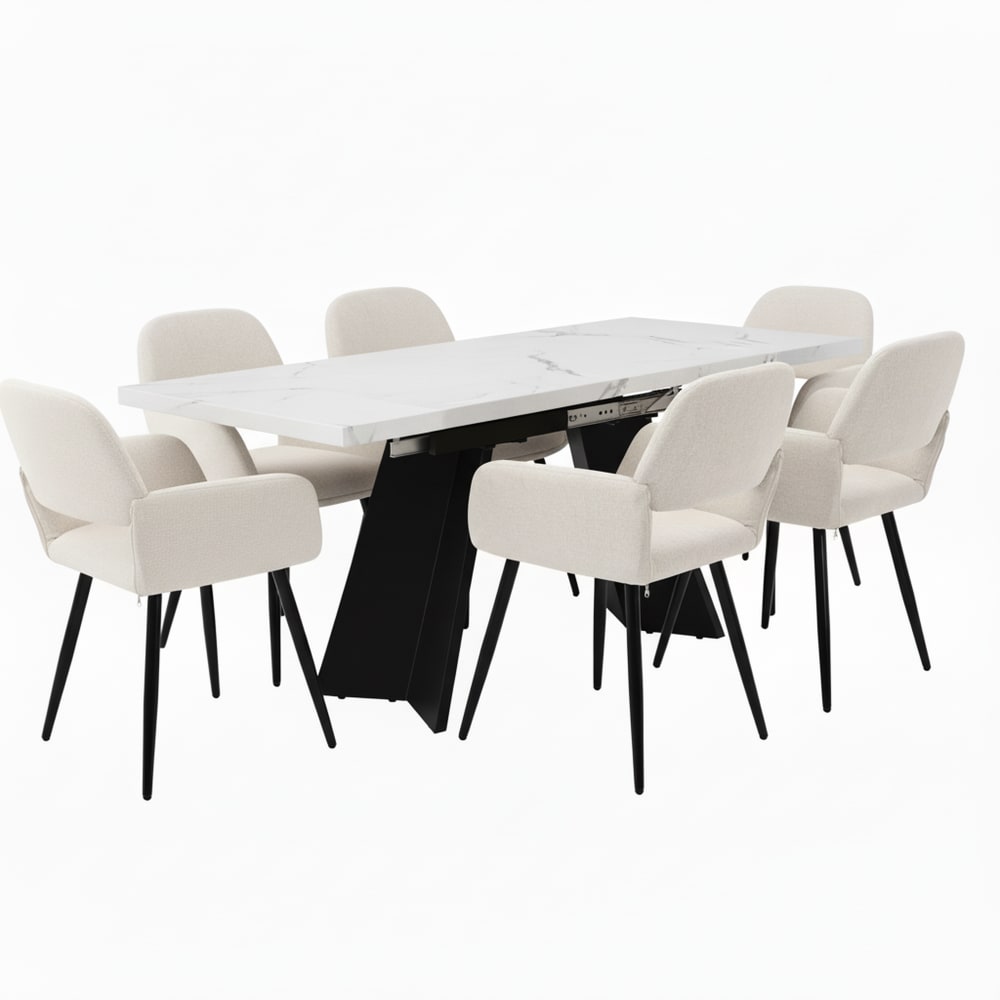 Wohnli Möbelsuche - Ausziehbarer Esstisch in weißer Marmoroptik und 6 beige Stühle