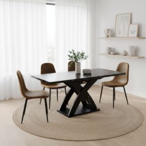 wohnli-moebel-suche-M25200297-1 Ausziehbarer Esstisch in schwarzer Marmoroptik und 4 braune Stühle 160x75x80cm Spanplatte Schwarz Urban Meuble Möbel Esszimmermöbel Tisch- und Stuhlset für den Außenbereich