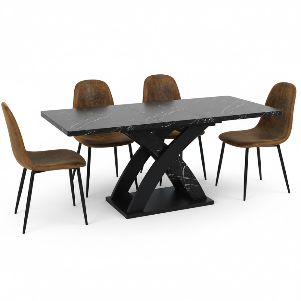 wohnli-moebel-suche-M25200297 Wohnli Möbelsuche - Ausziehbarer Esstisch in schwarzer Marmoroptik und 4 braune Stühle