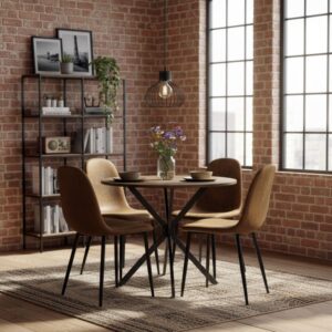 wohnli-moebel-suche-M25200298-1 Runder Esstisch in Holzoptik mit 4 braunen Stühlen 90x78x90cm Spanplatte Braun Urban Meuble Möbel Esszimmermöbel Tisch- und Stuhlset für den Außenbereich