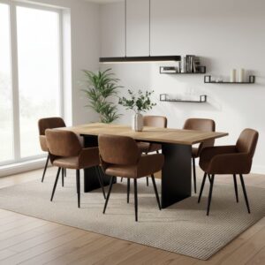 wohnli-moebel-suche-M25200299-1 Ausziehbarer Esstisch in Eichenoptik mit 6 braunen Stühlen 180x75x80cm Spanplatte Braun Urban Meuble Möbel Esszimmermöbel Tisch- und Stuhlset für den Außenbereich