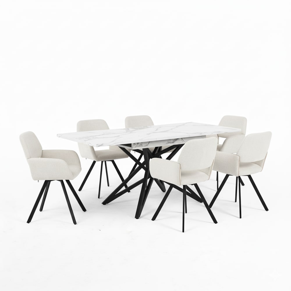 wohnli-moebel-suche-M25200300 Wohnli Möbelsuche - Ausziehbarer Esstisch in Marmoroptik und 6 beige Drehstühle